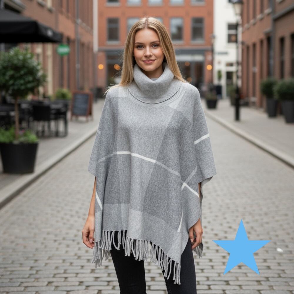 House of Harlow 1960 Women’s Gray Plaid Turtleneck Sweater Cape Fringe NWOT New